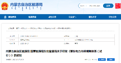 内蒙古自治区能源局 国家能源局东北监管局关于印发《蒙东电力市场规则体系（试行）》的通知